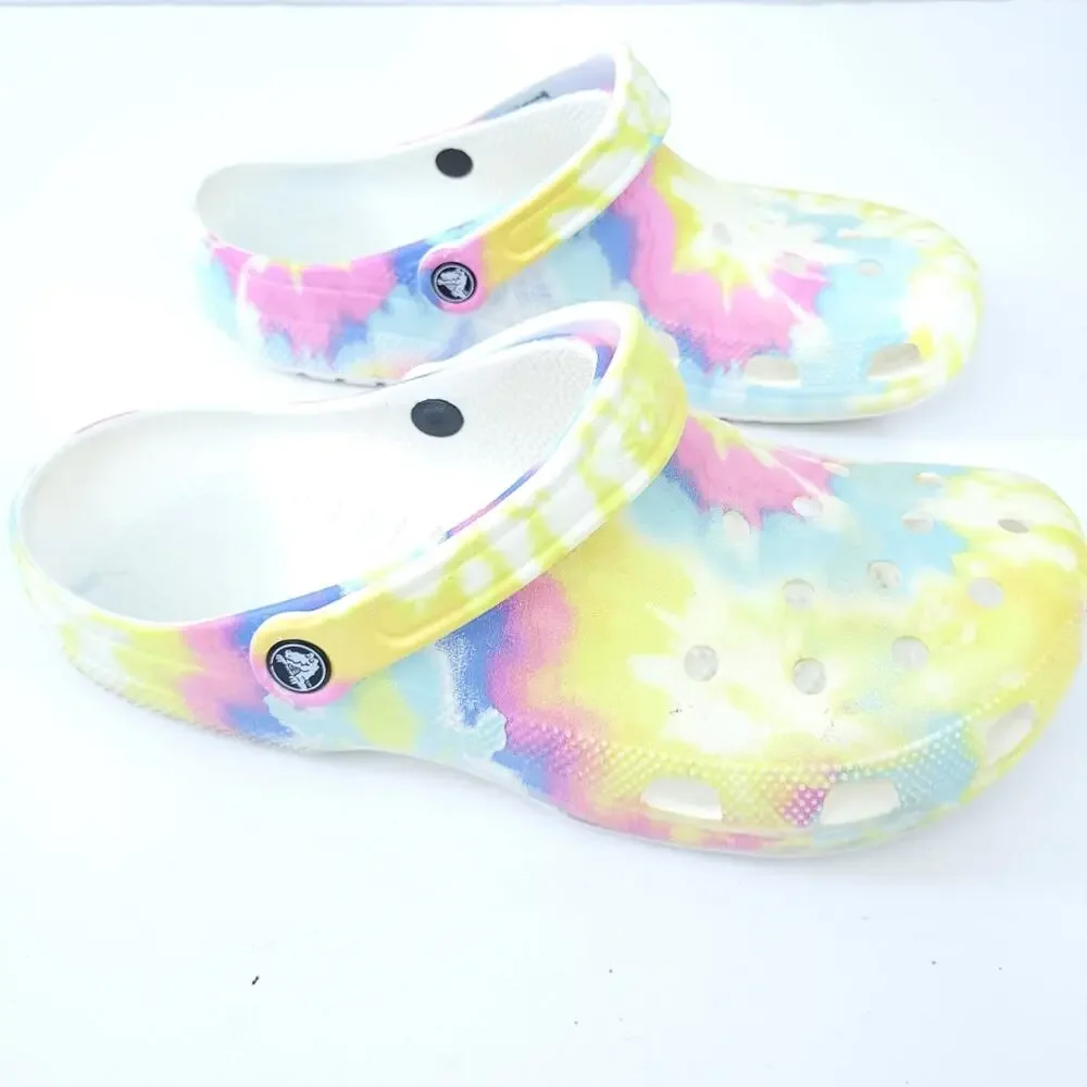 Crocs Tie Dye Clogs Men Size 11 Pastel, Pink Yellow Blue Shoes Slip On Comfort
